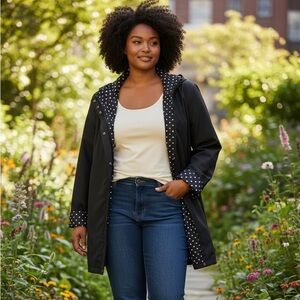 Woman Within Black Rain Coat with White Polka-Dot Lining